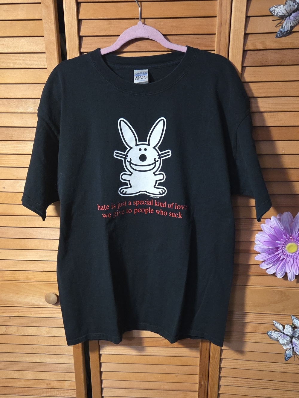 Gildan Unisex Black Tee with Hapoy Bunny and Red Text